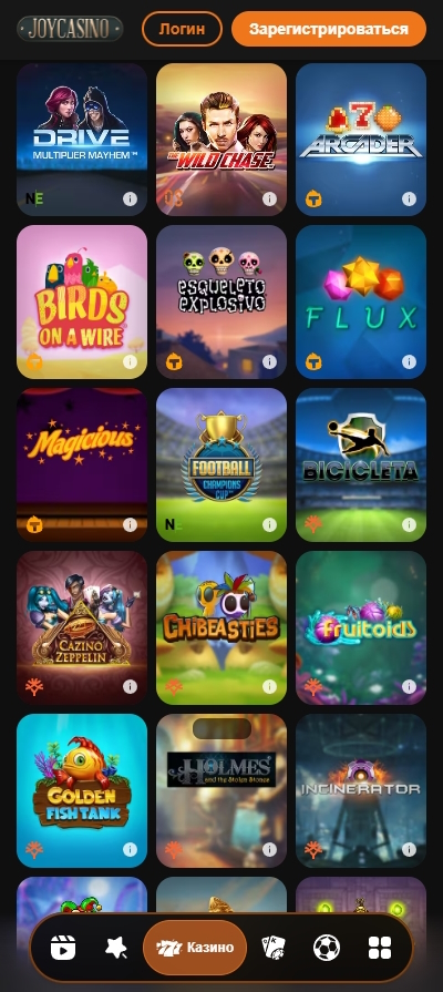 Casino-Katalog mit Slots in der mobilen Version von Joy Casino